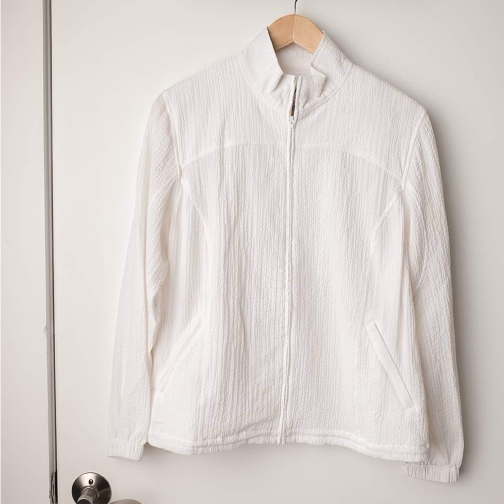 Orvis White Crinkle Seersucker Zip Up Jacket Womens Medium Petite PM Activewear